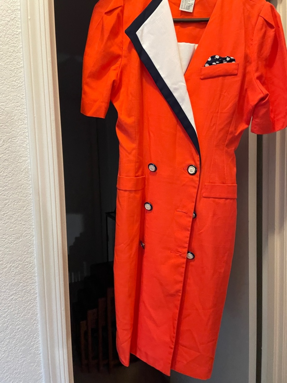 Bright Orange Double-Breasted Midi Dress with Contrast Trim
